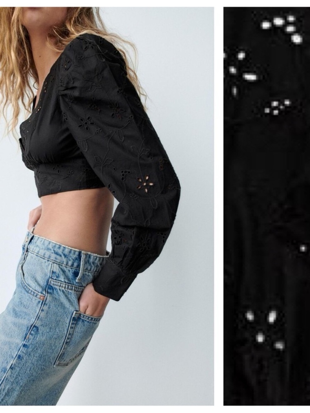 ZARA Black Eyelet V-Neck Cropped Blouse - Picture 4 of 12
